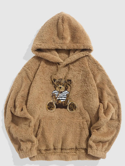 Flannel Fabric Plush Bear Embroidery Badge Hooded Sweater