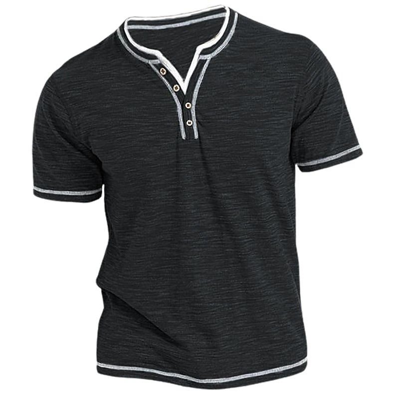 Colored Cotton Small V-neck Cardigan Men's Casual Short Sleeve Henley Shirt