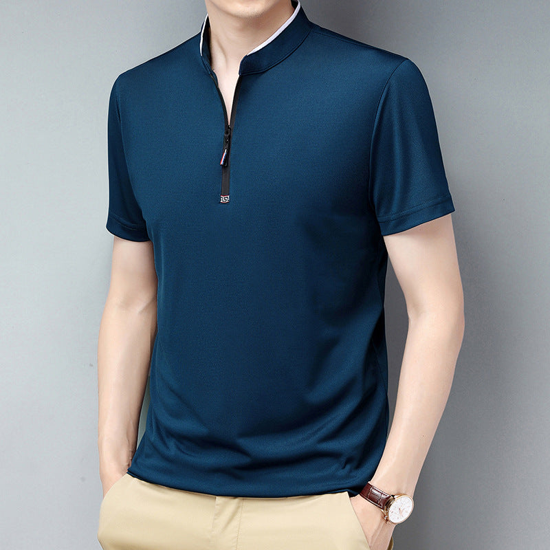 Summer Stand Collar Short Sleeve Men's Half Zipper Solid Color Trendy Casual Men's T-shirt