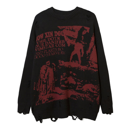 American Street Retro Graffiti Character Brocade Sweater