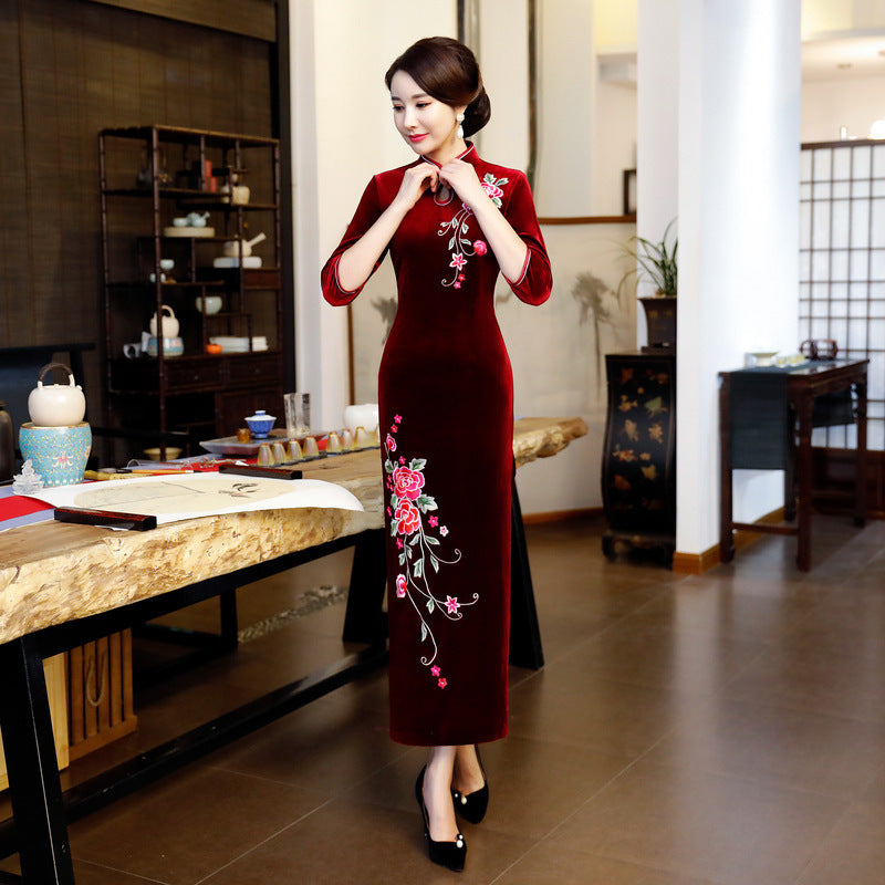 Long Authentic Pleuche Cheongsam Young Plus Size