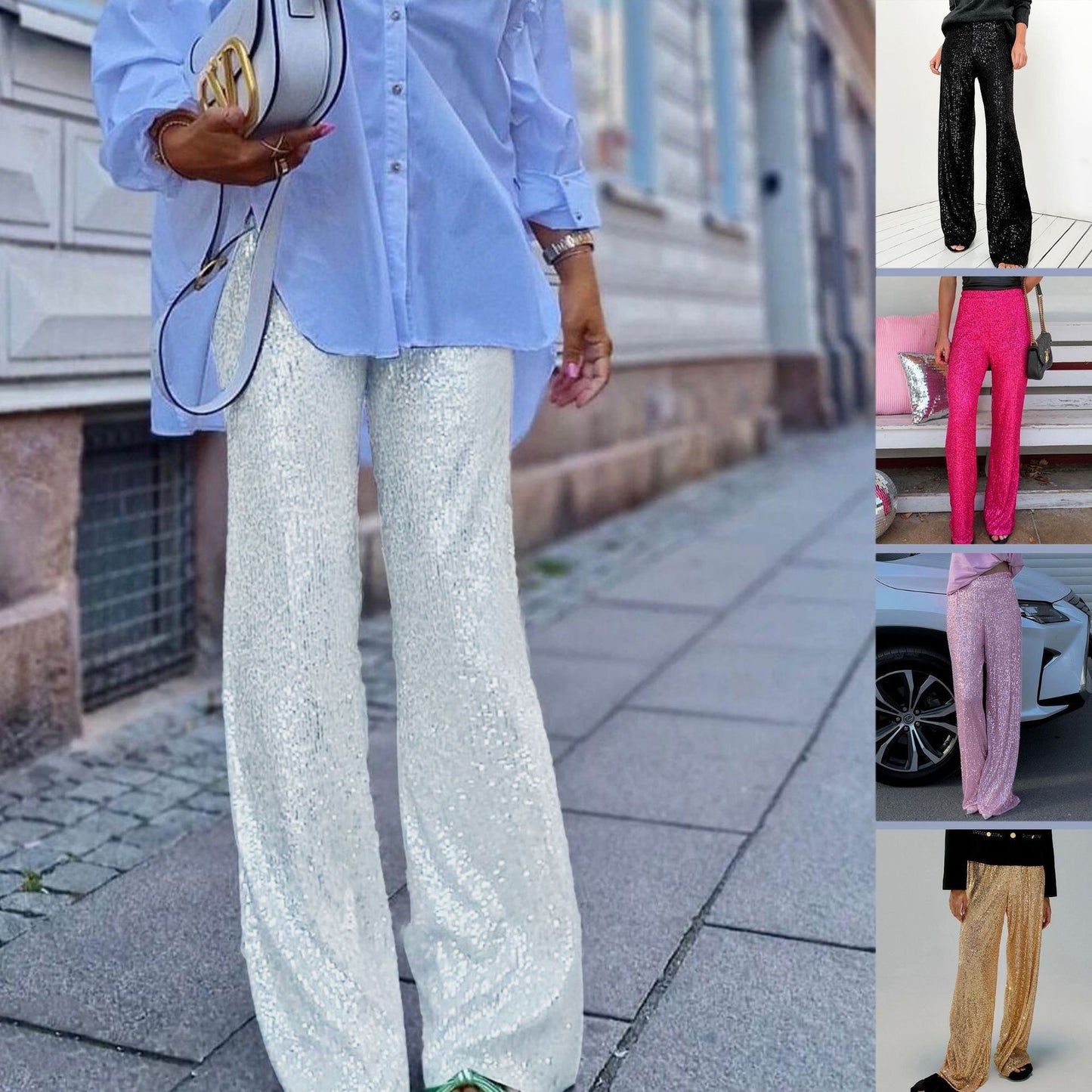 Pure Color Sequins Fashion Casual Straight Pants