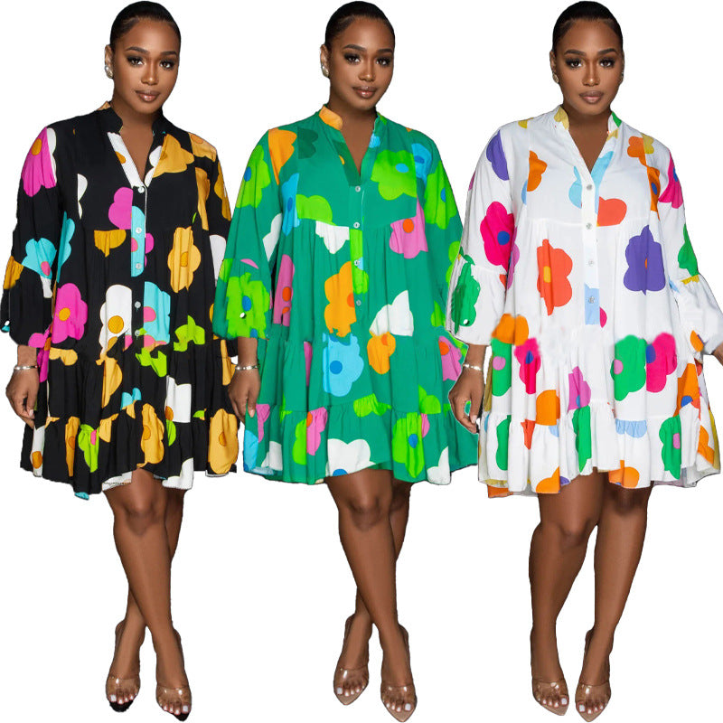 Women's Clothing Painted Print V-neck Long-sleeve Dress