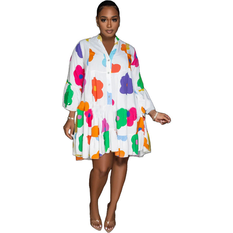 Women's Clothing Painted Print V-neck Long-sleeve Dress