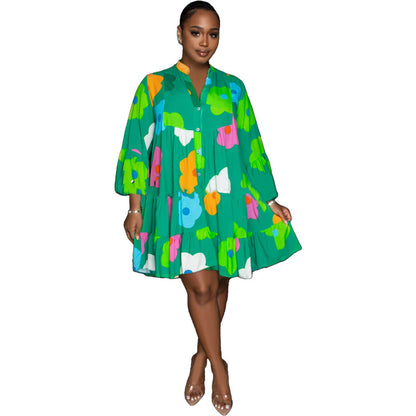 Women's Clothing Painted Print V-neck Long-sleeve Dress