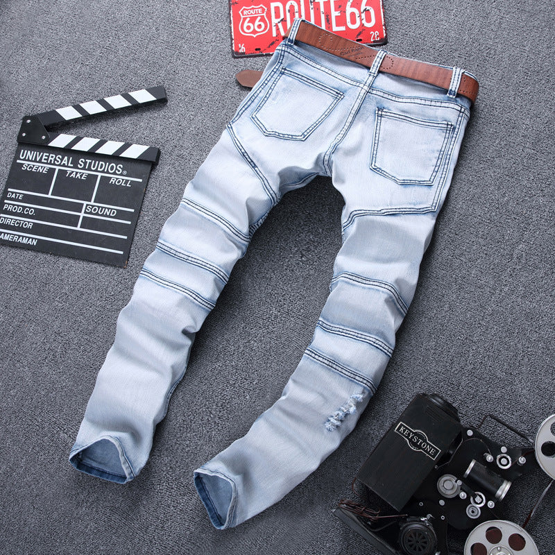 Ripped Motorcycle Pleated Jeans European And American Slim Fit Stretch Feet Pants