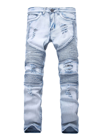 Ripped Motorcycle Pleated Jeans European And American Slim Fit Stretch Feet Pants