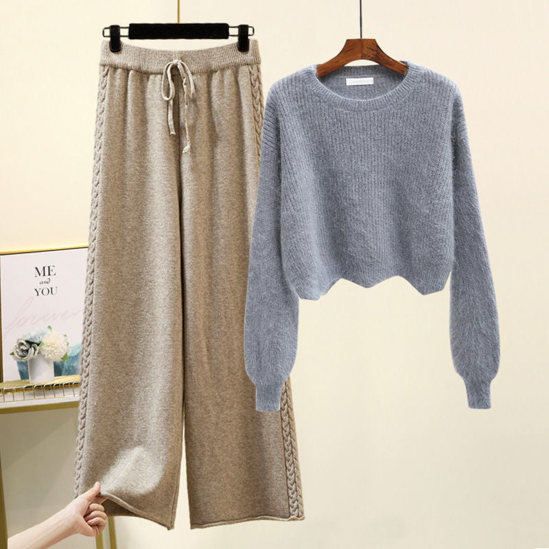 Autumn And Winter Set Knitted Sweater Slimming All-match Wide Leg Pants Suit