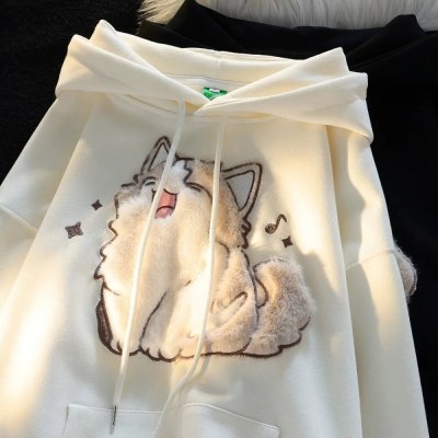 Embroidered Kitten Female Fleece-lined Thickened Hooded Sweatshirt