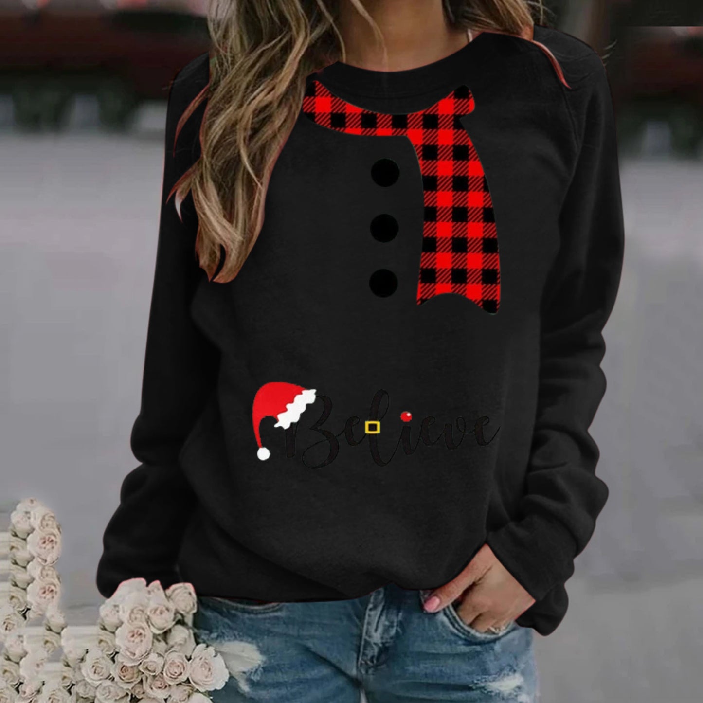 Christmas Pattern Printing Long Sleeve Crew Neck Sweater Women