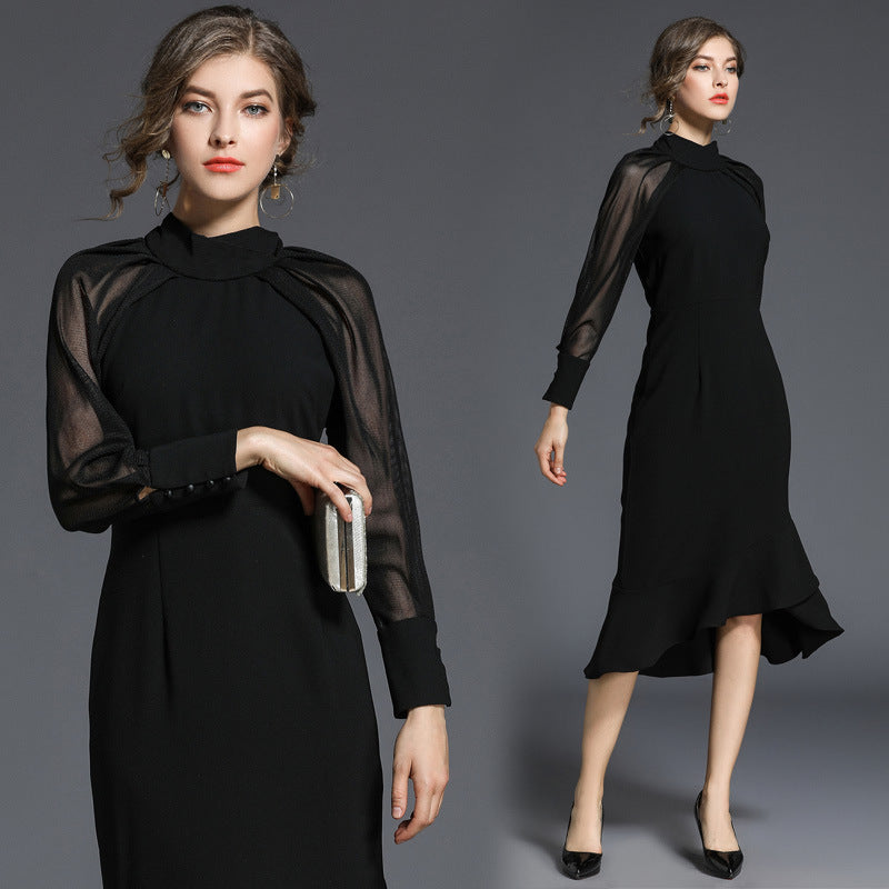 Stylish Temperament Long Sleeves Fishtail Slim Black Dress