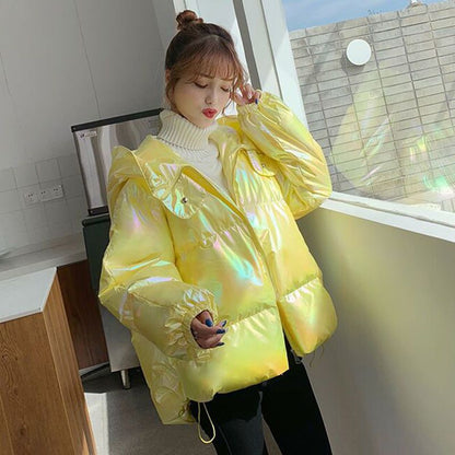 Colorful Wash-free Glossy Down Cotton-padded Jacket Women's Short Baggy Coat