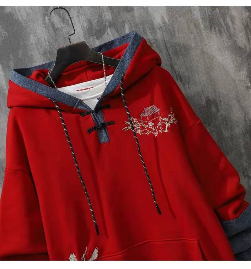 Chinese Style Button Embroidered Hooded Autumn And Winter Loose Stitching Denim Men's Clothing