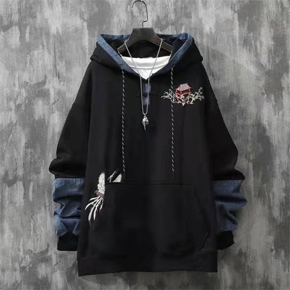 Chinese Style Button Embroidered Hooded Autumn And Winter Loose Stitching Denim Men's Clothing