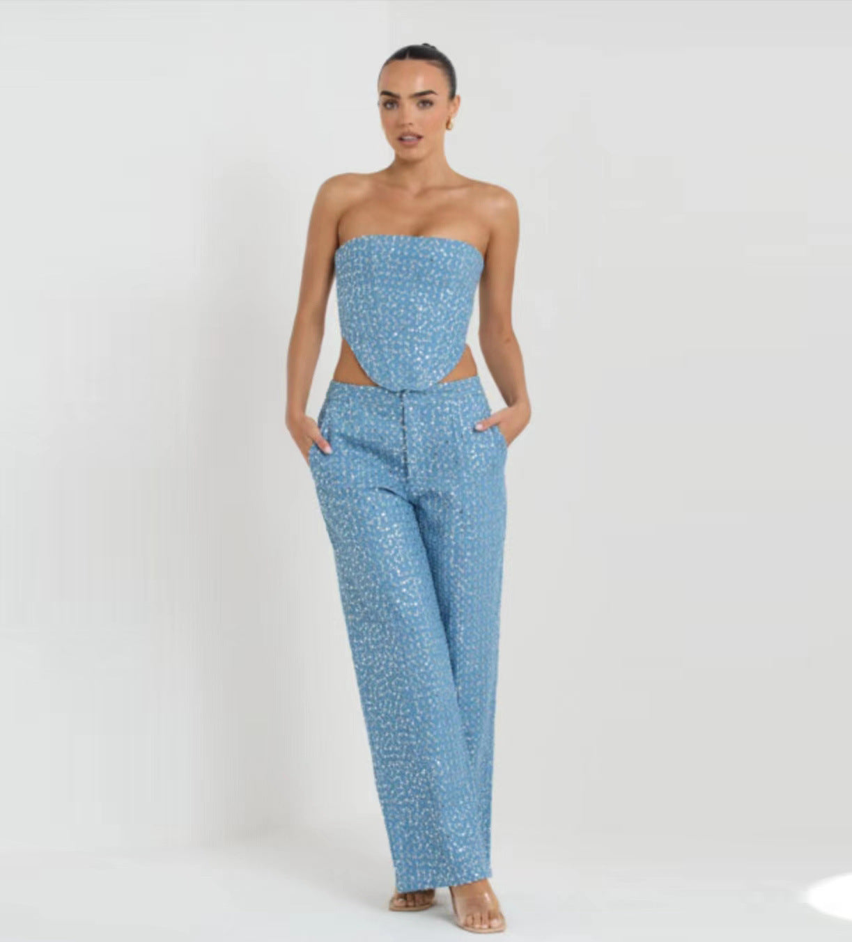 Fashion Denim Sequined Tube Top Wide Leg Pants Suit