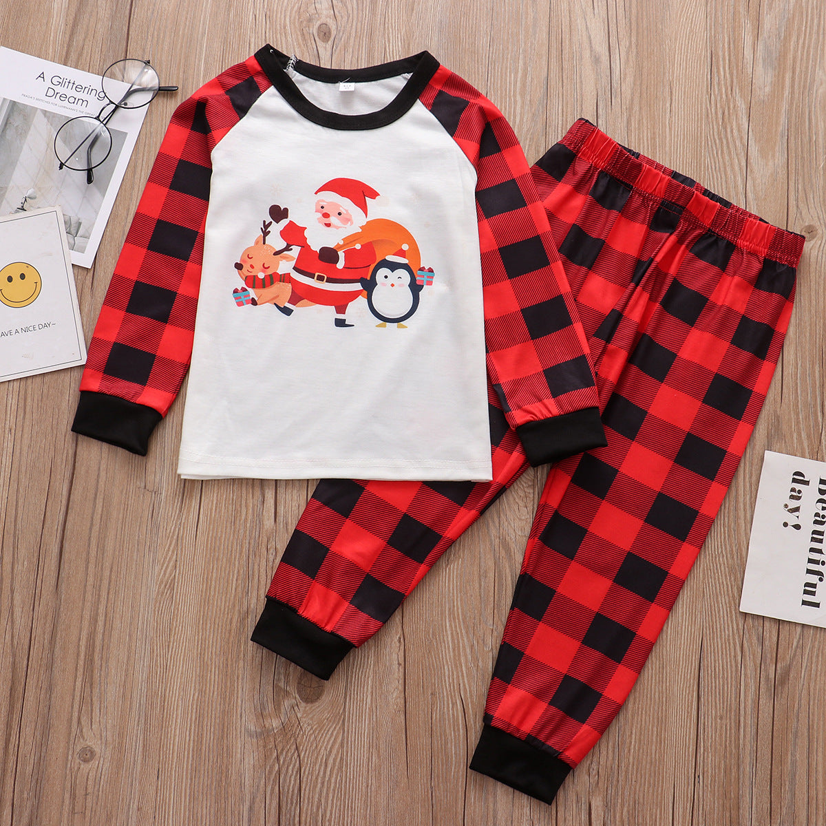 European And American Parent-child Suit Cartoon Santa Claus Printed Plaid Pants Homewear