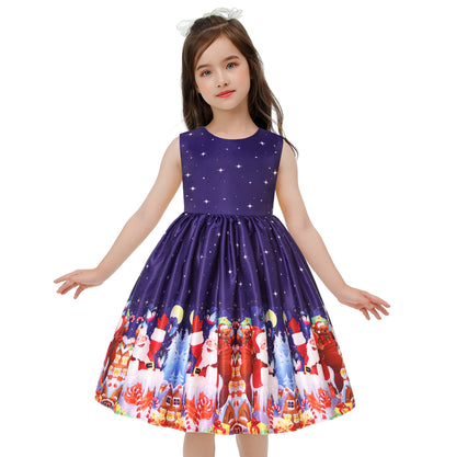 Santa Claus Snowflake Christmas Deer Cartoon Printed Princess Dress