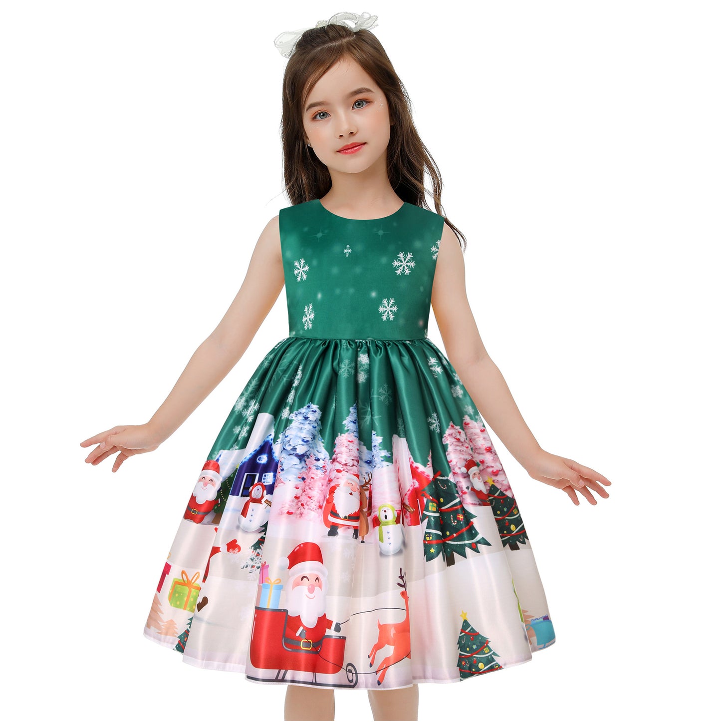 Santa Claus Snowflake Christmas Deer Cartoon Printed Princess Dress