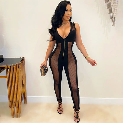 Women's Fashion Sexy Mesh See-through Stitching Jumpsuit Women