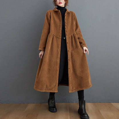 Autumn And Winter Fleece-lined Long Sleeve Retro Artistic Loose Corduroy Casual Coat For Women