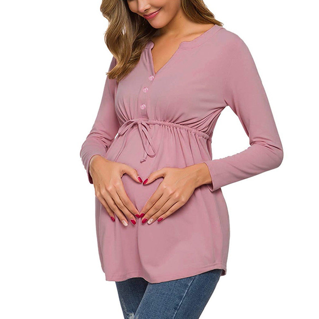 Autumn And Winter Long Sleeve V-neck Solid Color Girdle Lace-up Nursing Shirt