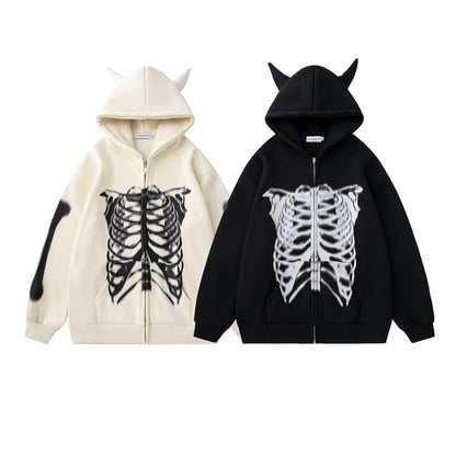 Skull Devil Horn Hooded Sweater For Boys Loose Zip Fleece-lined Sweater