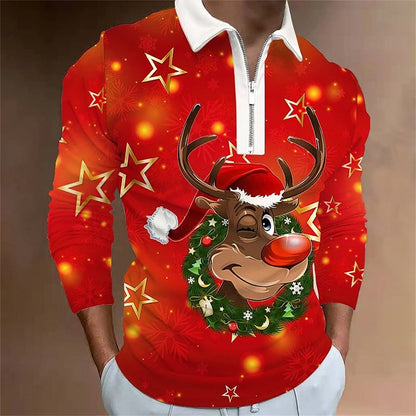 Santa Claus Cartoon Pattern Digital 3D Printing Zipper And Lapel Top