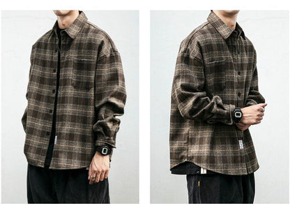 Autumn Winter Retro Sanding Padded Plaid Shirt