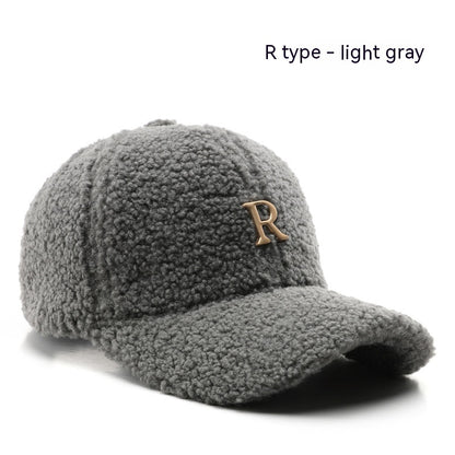 Autumn And Winter Letter R Solid Color Lamb Wool Baseball Cap Outdoor Sun Protection