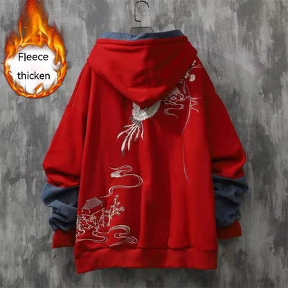 Chinese Style Button Embroidered Hooded Autumn And Winter Loose Stitching Denim Men's Clothing