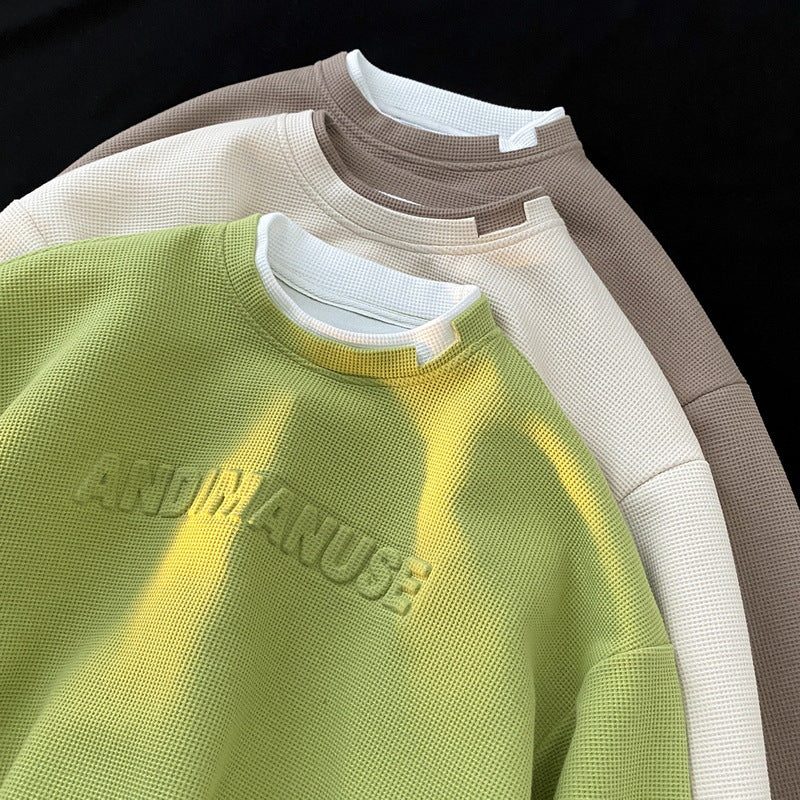 Heavy Avocado Green Hoody Men's Trendy Waffle Capless Round Neck