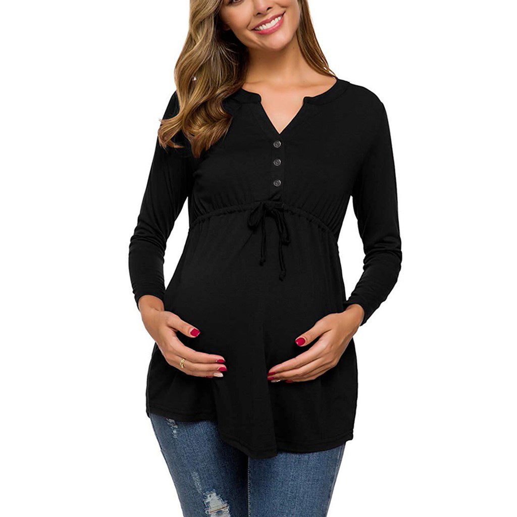 Autumn And Winter Long Sleeve V-neck Solid Color Girdle Lace-up Nursing Shirt