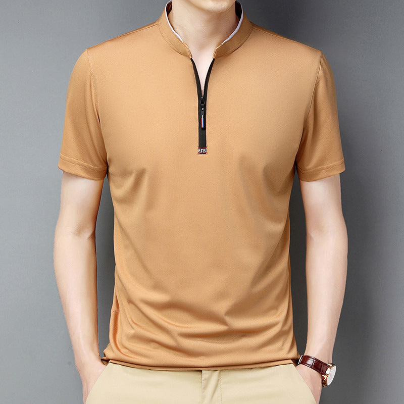 Summer Stand Collar Short Sleeve Men's Half Zipper Solid Color Trendy Casual Men's T-shirt