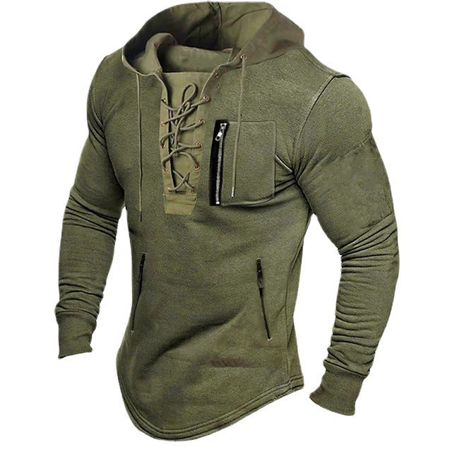 Spring And Autumn Pure Color Tied Zipper Pocket Sports Street Bronzing Hoodie