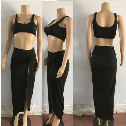 Women's Strap Tube Top Mid-length High Slit Two-piece Set