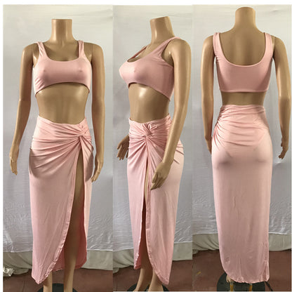 Women's Strap Tube Top Mid-length High Slit Two-piece Set