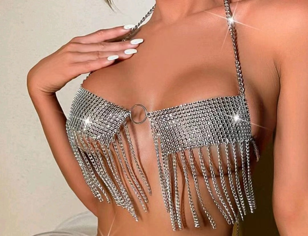 Rhinestone Inlaid Diamond Cloth Tassel Chain Joint Halter Vest