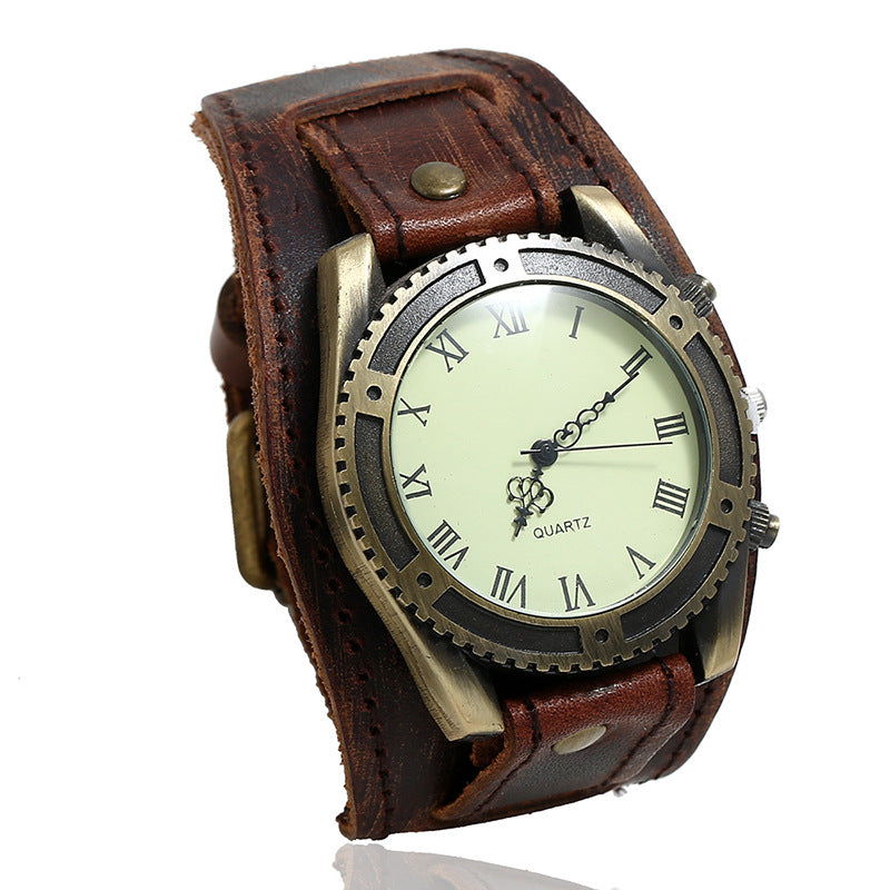 Punk vintage cowhide bracelet watch adjustable men's jewelry