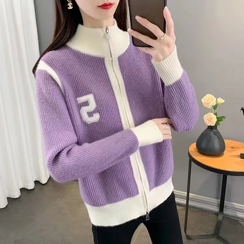 New Korean Style Loose High Collar Knitwear Sweater Cardigan Women's Zipper Coat