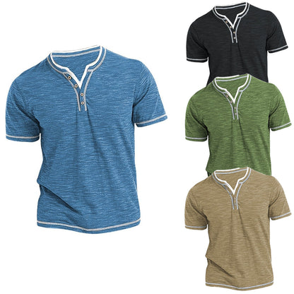 Colored Cotton Small V-neck Cardigan Men's Casual Short Sleeve Henley Shirt