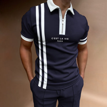 Men's Summer Polo Zipper Color Matching Sports Polo Shirt