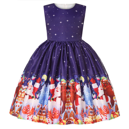 Santa Claus Snowflake Christmas Deer Cartoon Printed Princess Dress