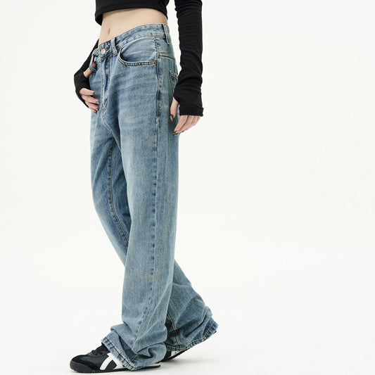 Basic Simple Blue Straight American Retro Jeans