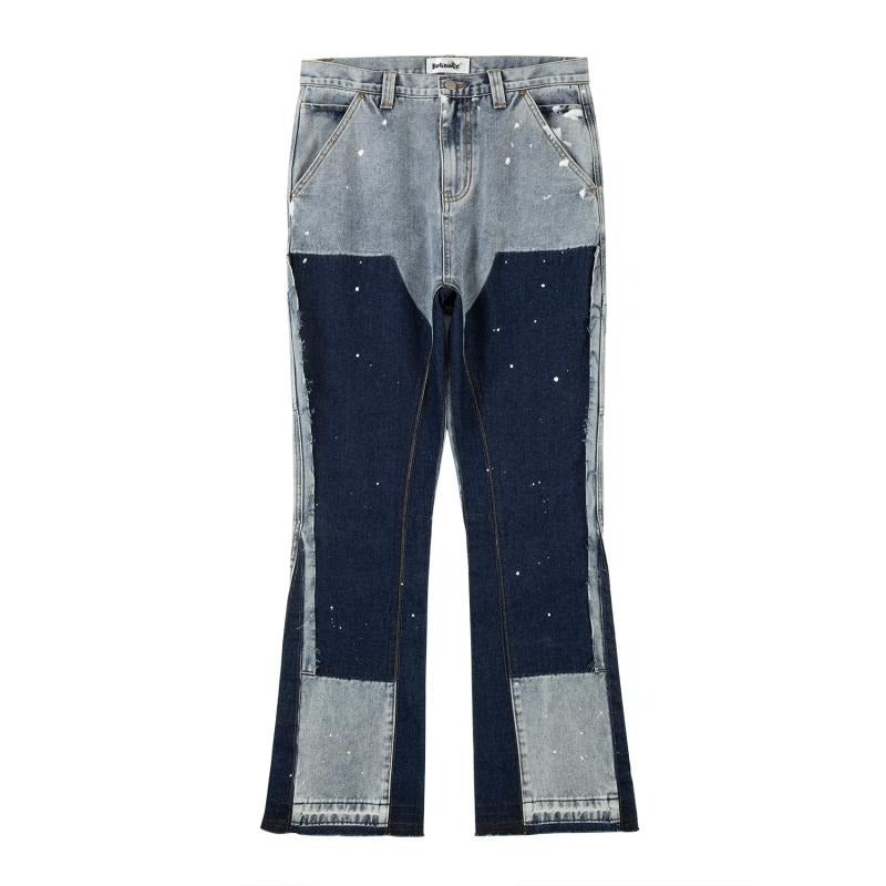 Washed Distressed Stitching Logging Jeans Trends Splashed Ink Printing Wide Leg Trousers