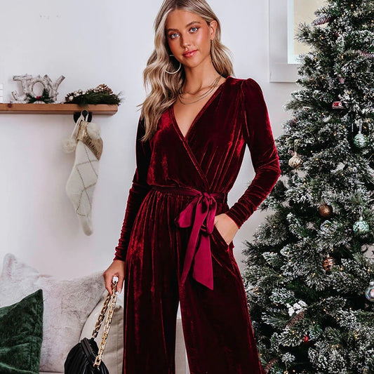 Women's Solid Color Fashion Elegant Velvet Jumpsuit