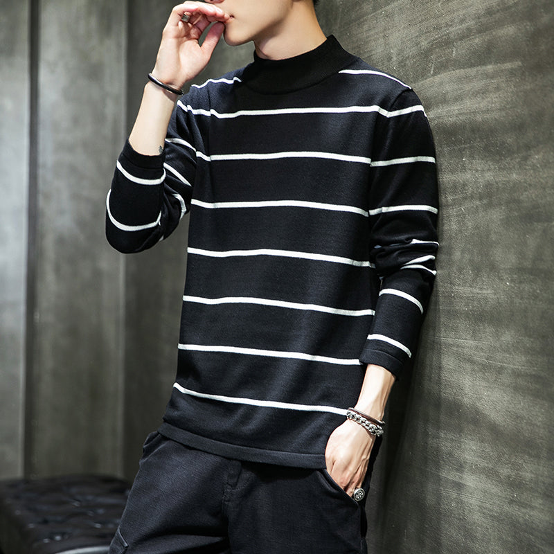 Men's Striped Sweater With Half Turtleneck