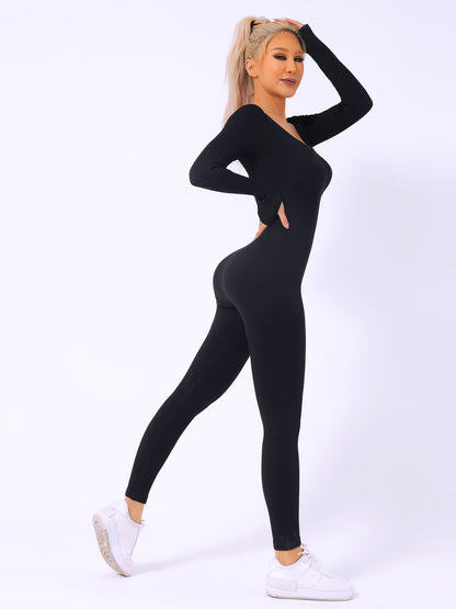 Women's Long-sleeved Thread Yoga Suit Sexy Square-neck Women's Hip Raise Slim Fit Sports Jumpsuit