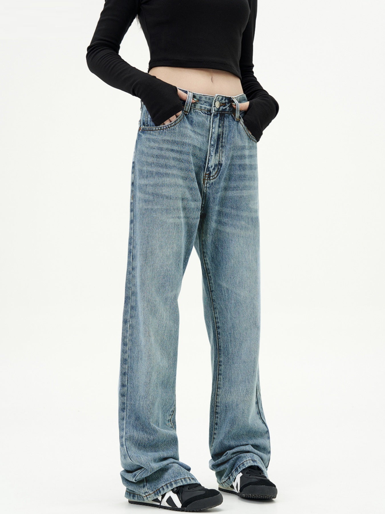 Basic Simple Blue Straight American Retro Jeans