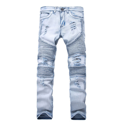 Ripped Motorcycle Pleated Jeans European And American Slim Fit Stretch Feet Pants