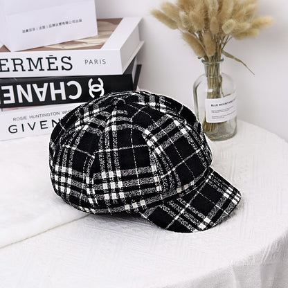 Autumn And Winter Leisure Peaked Cap British Black And White Plaid Octagonal Hat